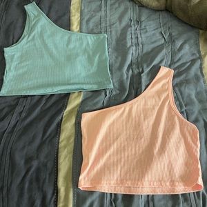 Turquoise and light pink one shoulder tank tops from SHEIN